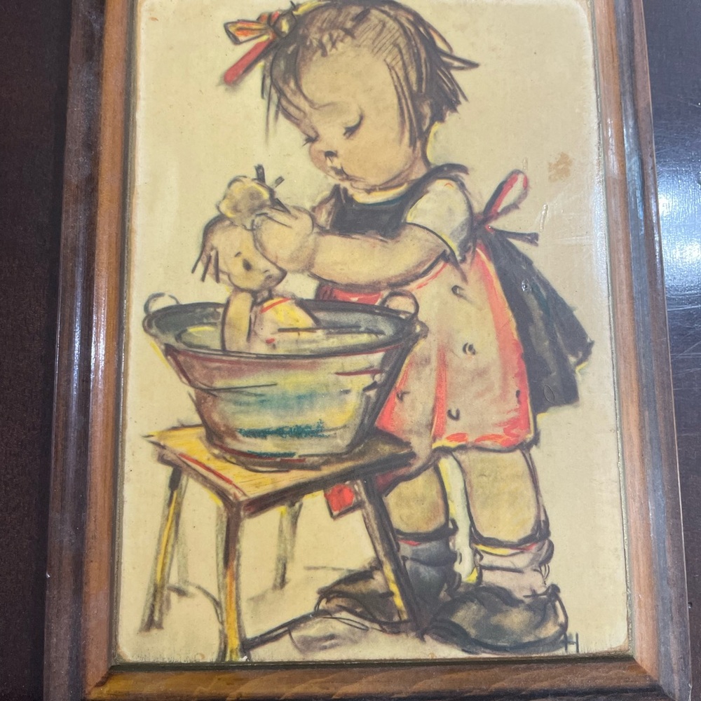 Vintage Hummel-Style Wooden Wall Plaque – Girl with Doll
